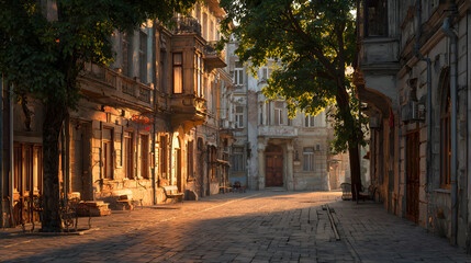 Obraz premium Sunlight paints the ancient city street with golden hues creating a sense of timeless urban beauty