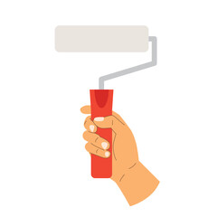hand holding a paint roller; perfect for use in home renovation designs, DIY project visuals, or interior painting advertisements - vector illustration