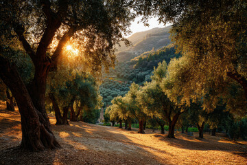 Sunlight filters through ancient olive trees at golden hour