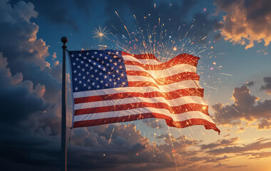 American Flag Waving with Fireworks at Sunset
