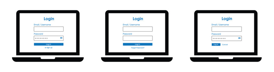 Account log in and password form page on laptop screen icon, vector illustration
