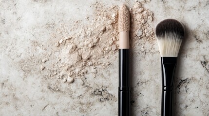 A stylish arrangement of makeup tools, including an applicator and powder, against a sophisticated marble background highlights beauty and femininity in a chic presentation.