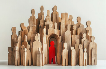 A single red figure amidst a crowd of wooden figures