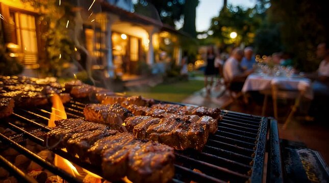 Delicious barbecue meat grilling on a hot fire in a garden with family and friends having dinner in the background