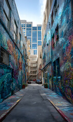 Fototapeta premium Exploring urban art in an alleyway showcasing colorful murals and architecture under a clear sky view