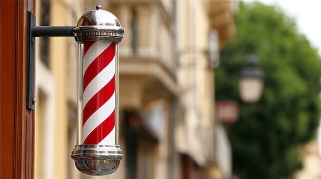 Classic barber pole with red and white stripes mounted outside a shop on a city street - Powered by Adobe
