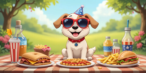 Cheerful Puppy with Patriotic Food and Drink Outdoors