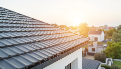 New roof tiles installed on modern house with sunset background  