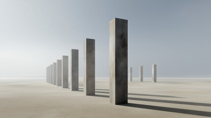 Minimal abstract scene with tall concrete monoliths casting long shadows in desert landscape under hazy sky