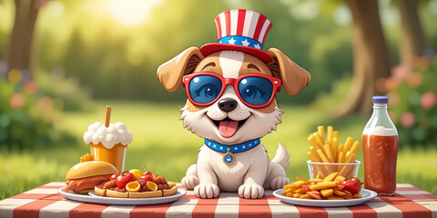 Happy Dog in 4th of July Hat with Snacks