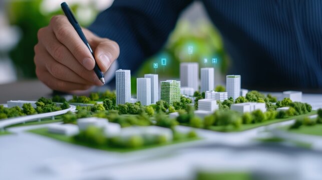 A person working on a detailed architectural model of a modern city with buildings and greenery, highlighting urban planning and smart city design.