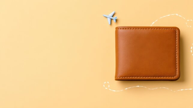 Stylish brown leather wallet on yellow background with small airplane decoration for travel finance concept