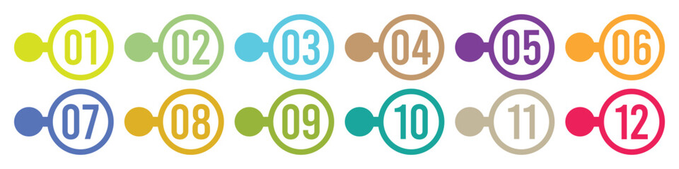 Colorful number bullets point vector set from 1 to 12
