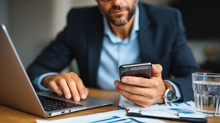 Businessman using smartphone at desk with laptop and glass of water in a modern office