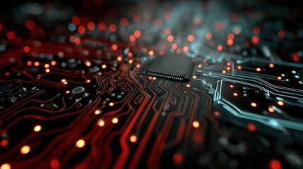 Close-up circuit board, glowing red/blue traces