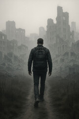 Obraz premium Lone traveler with backpack strides through foggy ruins of war-torn city, depicting resilience, survival and uncertain future, generative AI