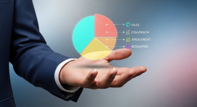 Floating Holographic Pie Chart Display in Businessman’s Hand
