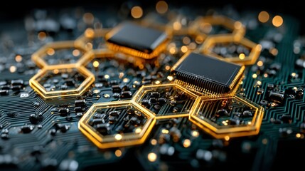 Close-up circuit board, gold honeycomb pattern, chips