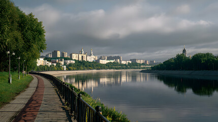 Fototapeta premium Peaceful riverside cityscape reflected in tranquil waters on a cloudy day offering a serene urban scene