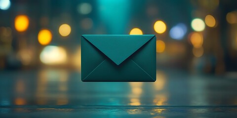 Teal envelope floating over blurred city lights.  Concept of digital communication, message, email.