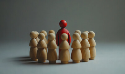 A single red figurine amidst a group of light-brown figurines