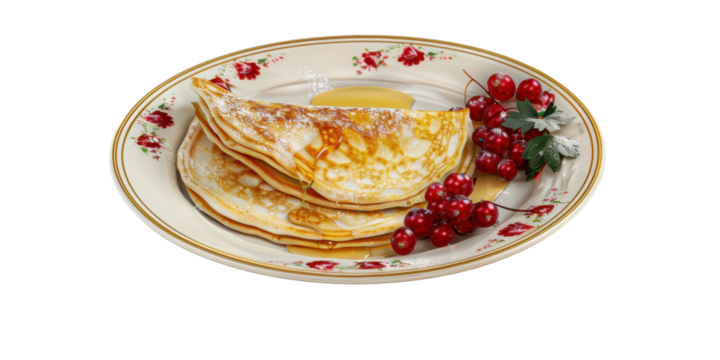 Delightful Irish Pancakes with Maple Syrup and Fresh Berries  cut elements on transparent background. cut flower elements, garden themed designs. Top view high quality PNG." design elements, top view