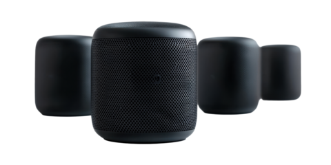 Futuristic Vibes Stylish Black Wireless Speaker Set cut elements themed on transparent background. cut flower elements, garden themed designs. Top view high quality PNG." design elements, top view