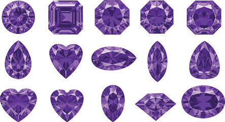 Vivid Purple Gemstones: A Collection of Sparkling Diamond Shapes for Jewelry Design and Illustration flat vector illustration