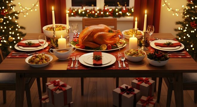 Festive christmas dinner table setting with roasted turkey candles and gifts creating a warm and inviting holiday celebration atmosphere