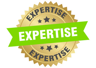 expertise. expertise round green and gold label isolated on transparent background