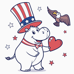 Delightful Cheerful Hippo in a Presidents’ Day scene with holding a heart – Founding Spirit vector illustration