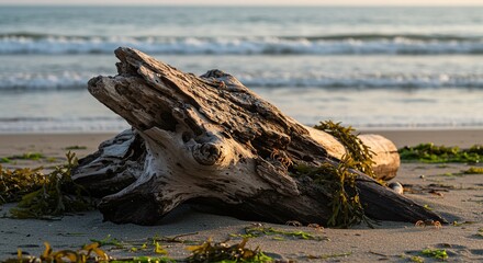 Ocean Worn Driftwood on Sandy Beach at Sunrise