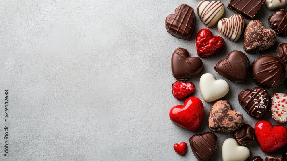 Poster an enticing array of heart-shaped chocolates in various designs and colors, elegantly displayed on a