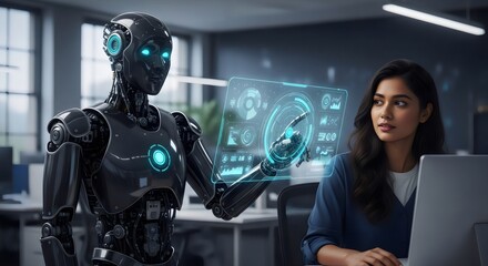 Robot and woman interact with futuristic technology interface in modern office setting showcasing artificial intelligence