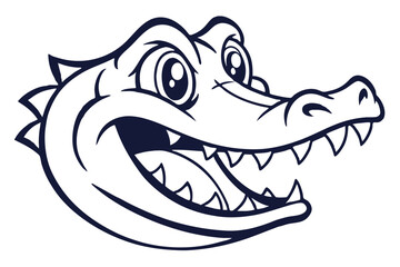Outlined cartoon alligator head showcases sharp teeth and a broadly opened mouth with an enthusiastic grin
