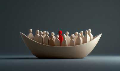 A single red wooden figure amidst a group of identical wooden figures in a wooden boat