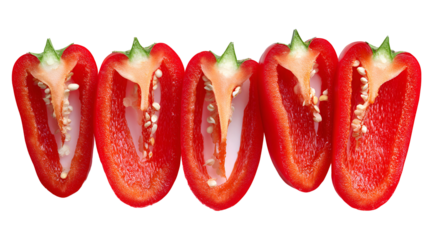 Five halved red bell peppers seeds visible on black background