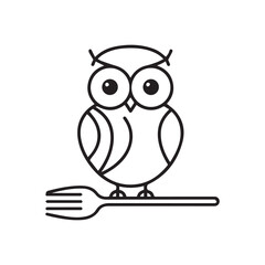Whimsical Owl Perched on a Fork A Playful Fusion of Nature and Culinary Delights Line Art Illustration