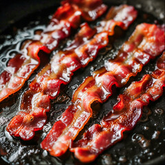 Crispy bacon frying in a cast iron pan