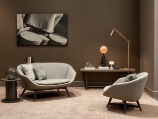 A living room featuring a gray loveseat chair and a side table with a glass sphere lamp on it