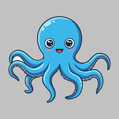 Delightful Blue Cartoon Octopus with Big Eyes and a Happy Smile Floating Gently on a Neutral Background