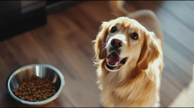 A golden retriever looks up with an eager expression next to a bowl of dry dog food