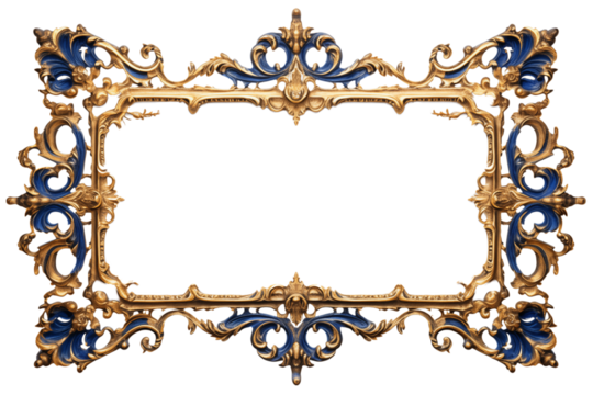 Ornate Gold and Blue Baroque Frame:  Elegant Design Element for Wedding Invitations, Luxury Branding, and Decorative Projects transparent background png