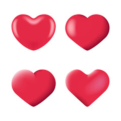 A set of 3D glossy red heart illustrations with smooth gradients and realistic lighting effects. Perfect for romantic messages and greeting cards. Isolated on a white background for easy use.