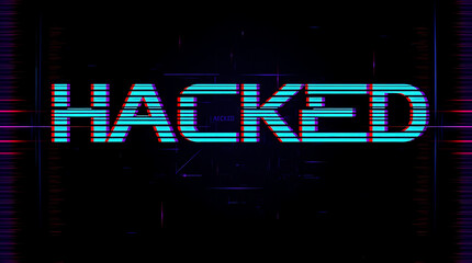 Glitch-style digital art with bold distorted {HACKED} text on laptop screen, cyber security breach concept
