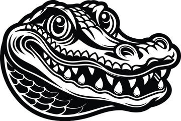 Monochrome alligator head shows bold tribal style details in this detailed animal artwork