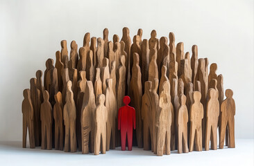 A single red wooden figure amongst a crowd of wooden figures