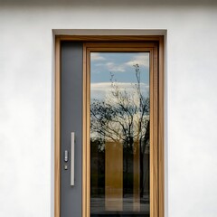 Elegant entrance: Modern wooden door with glass reflection blending nature and architecture