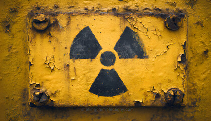 Square yellow sign features radiation symbol, warning radioactive materials. Old rusty metal board with bolts. Indicates danger, nuclear hazard