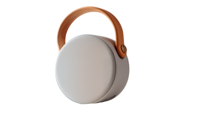 Stylish Portable Speaker with Wooden Handle Grey Fabric Design Modern Audio Device Isolated on transparent Background